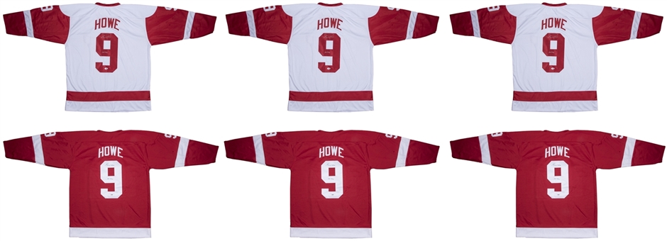 Lot of (6) Gordie Howe Signed Red Wings Jerseys (3 Home & 3 Away) (PSA/DNA) 
